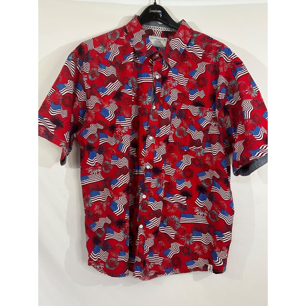 Free Planet Stars & Stripes Flags Red  Button Up Shirt Mens Size 3XL